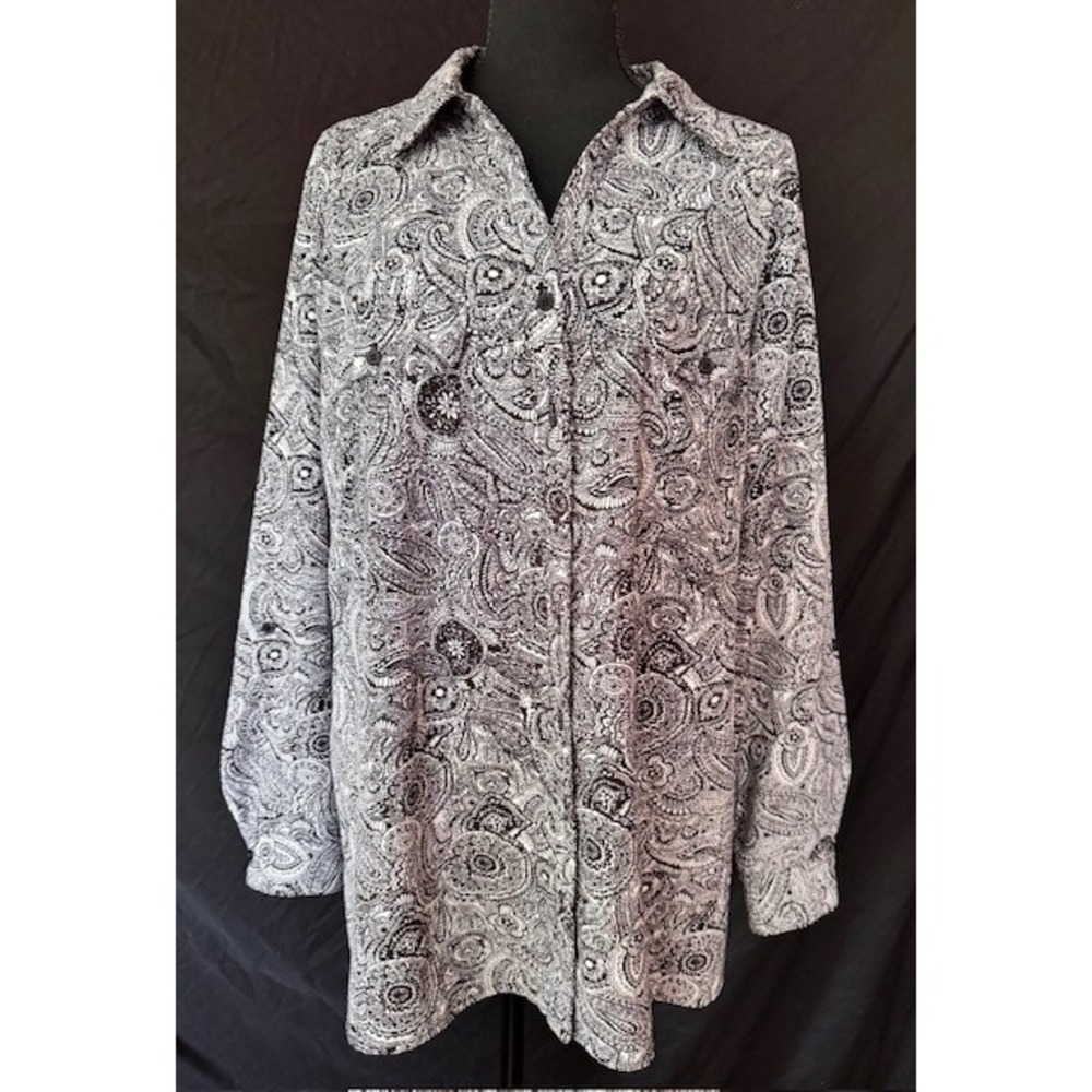 NY Collection Woman Black White Paisley Mandala Button Up Shirt Blouse 2X